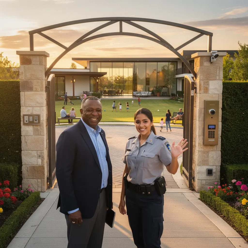 Современный дом в охраняемом жилом комплексе с зеленым двором и детской площадкой.