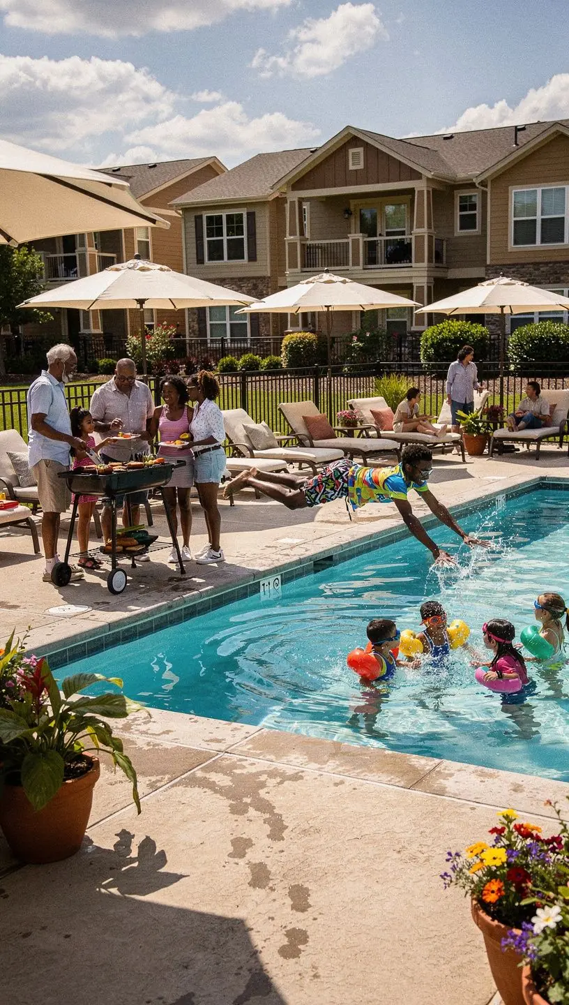 Комфортная гостиная с уютной мебелью и большими окнами, выходящими на безопасный двор.