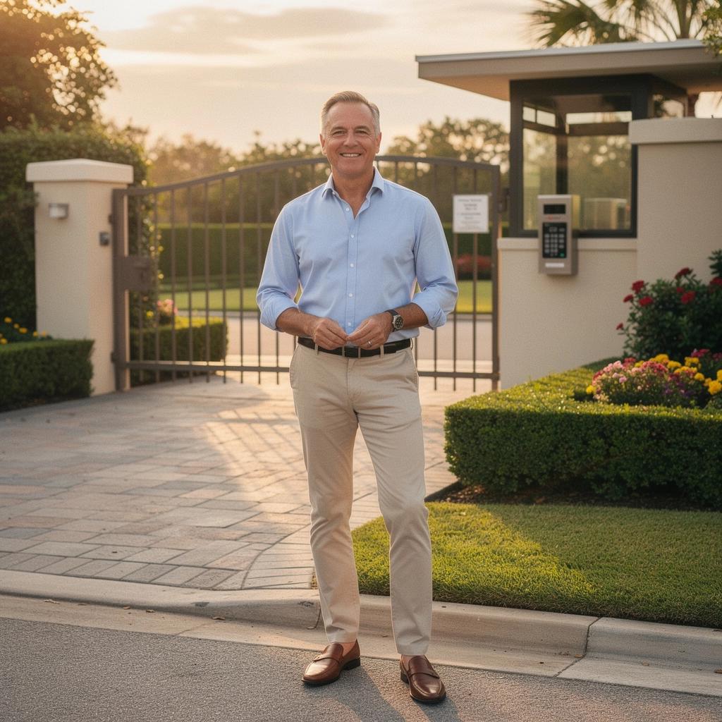 Современный дом в закрытом сообществе с зелеными насаждениями.
